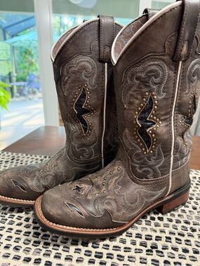 Laredo Distressed Gray Brown Western Boots with Stud Detail